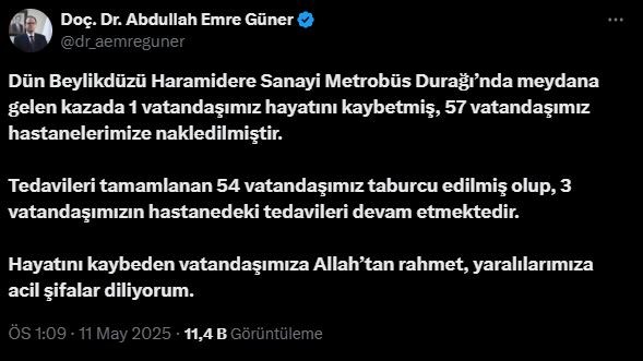 İl Sağlık Müdürü Güner:  Metrobüs kazasında 1 vatandaşımız hayatını kaybetti, 57 vatandaşımız yaralandı 
