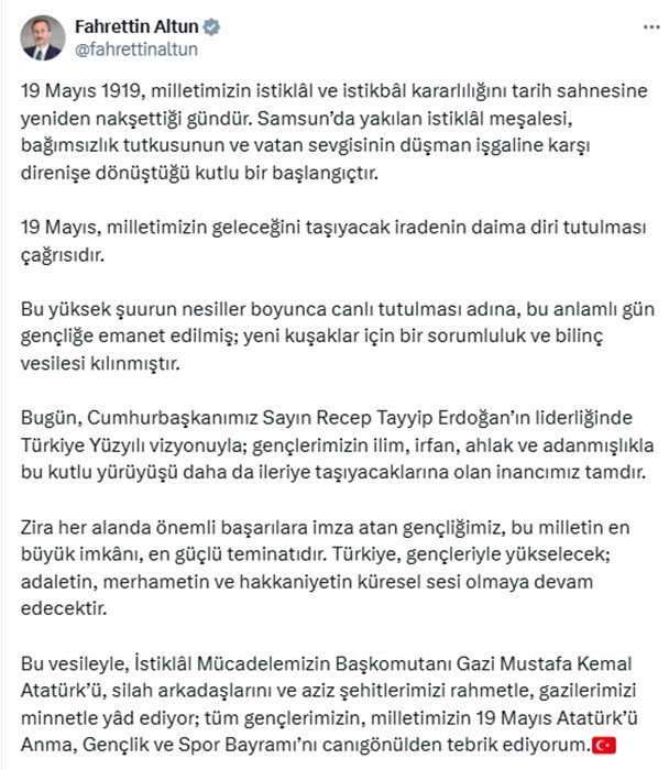 Fahrettin Altun’dan 19 Mayıs mesajı:  Milletimizin istiklal ve istikbal kararlılığıdır 
?v=1