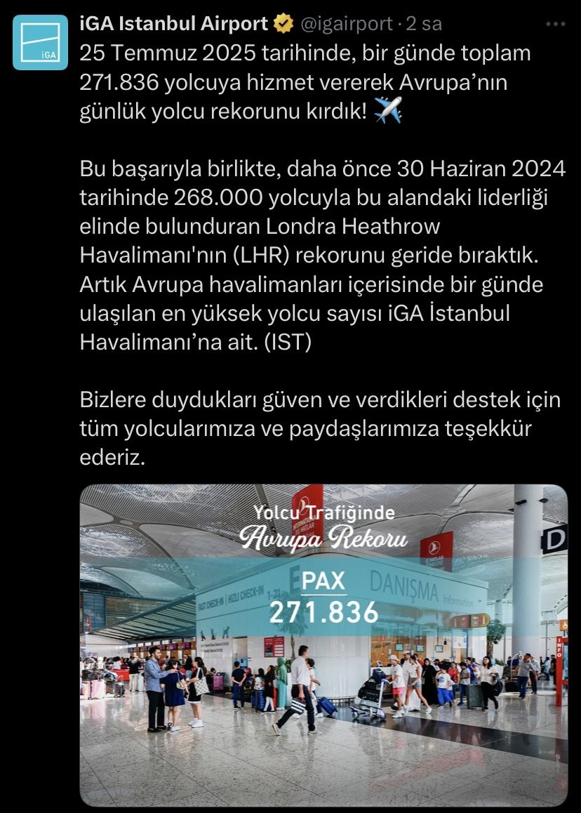İstanbul Havalimanı 268 bin yolcuyla Londra Heathrow Havalimanı’nı geride bıraktı
?v=1