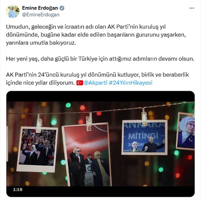 Emine Erdoğan’dan AK Parti’nin 24. kuruluş yıl dönümüne ilişkin paylaşım
?v=1
